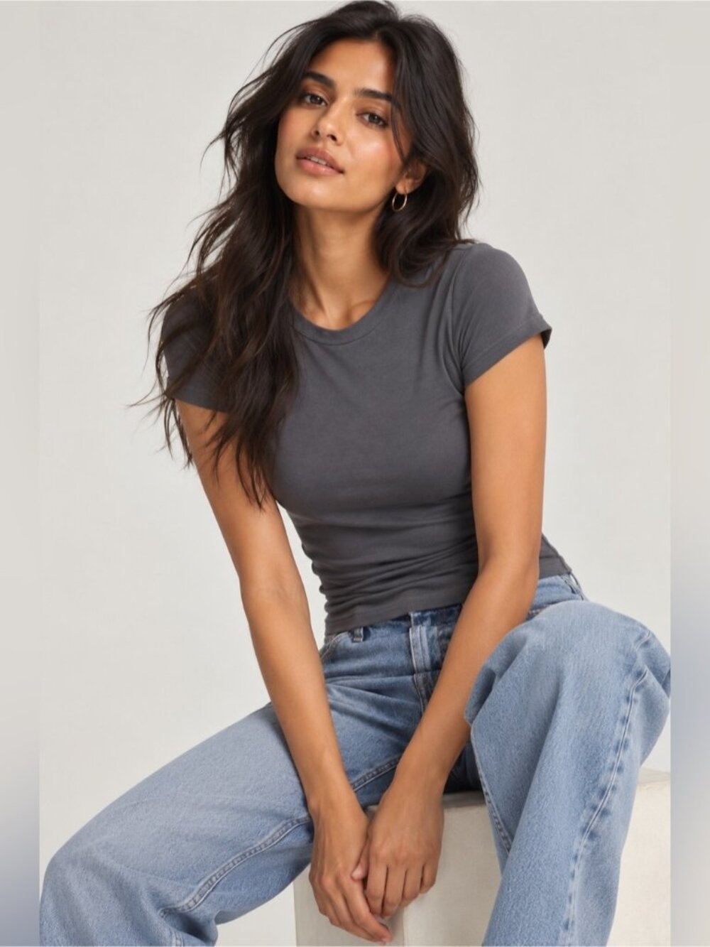 SHEIN Fitted Crew Neck T-Shirt – Charcoal Grey – Size L